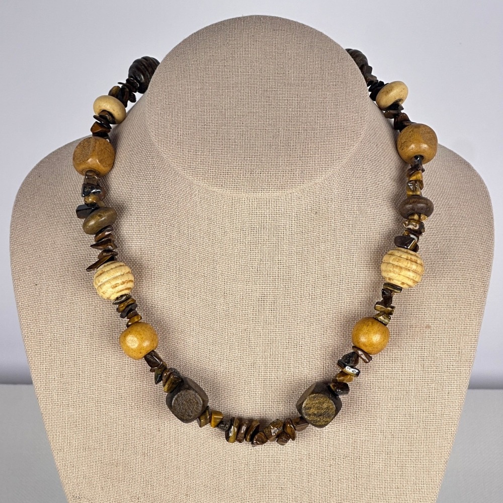 Boho 1970s Vintage Tigers Eye Chip and Wood Beaded Necklace Mix Material Tribal